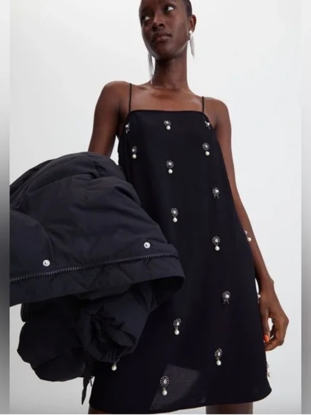 H&M Appliquéd Pearl & Rhinestone Embellished Mini Slip Dress - Small